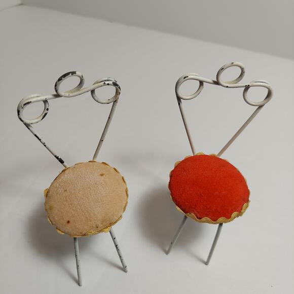 Antique Metal Chairs Japan Miniature Dollhouse Tan Red Sewing Pin Cushion Pair - Picture 7 of 8